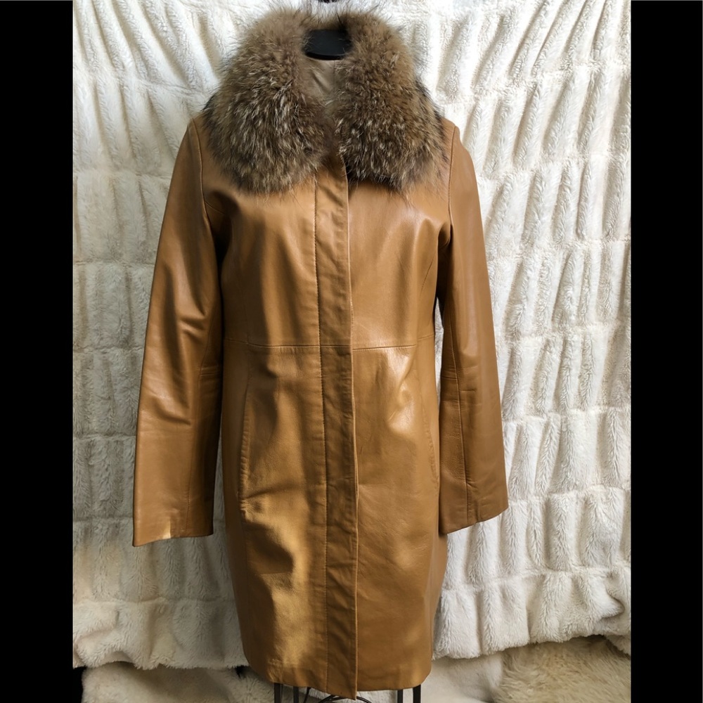 Brandon Thomas Whiskey tan colored leather jacket with raccoon collar size small